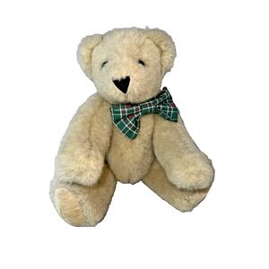 Vintage 1995 Vermont Teddy Bear Co  13" Jointed Bear Oatmeal Color Plaid Bowtie